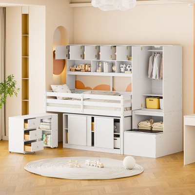 Twin/Full Size Wooden Loft Bed with Under-Bed Desk, Drawers and Shelves 4W - ModernLuxe