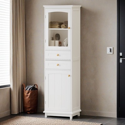 63" Tall Bathroom Storage Cabinet with Glass Doors, Free-Standing, Two Drawers, and Adjustable Shelves, MDF Board - Leovsnove