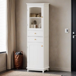 63" Tall Bathroom Storage Cabinet with Glass Doors, Free-Standing, Two Drawers, and Adjustable Shelves, MDF Board - Leovsnove - 1 of 4