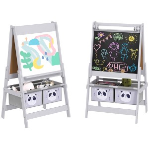 Qaba Art Easel for Kids with Paper Roll, 3 in 1 Toddler Painting Easel with Blackboard, Whiteboard, Storage Baskets, Gray - 1 of 4