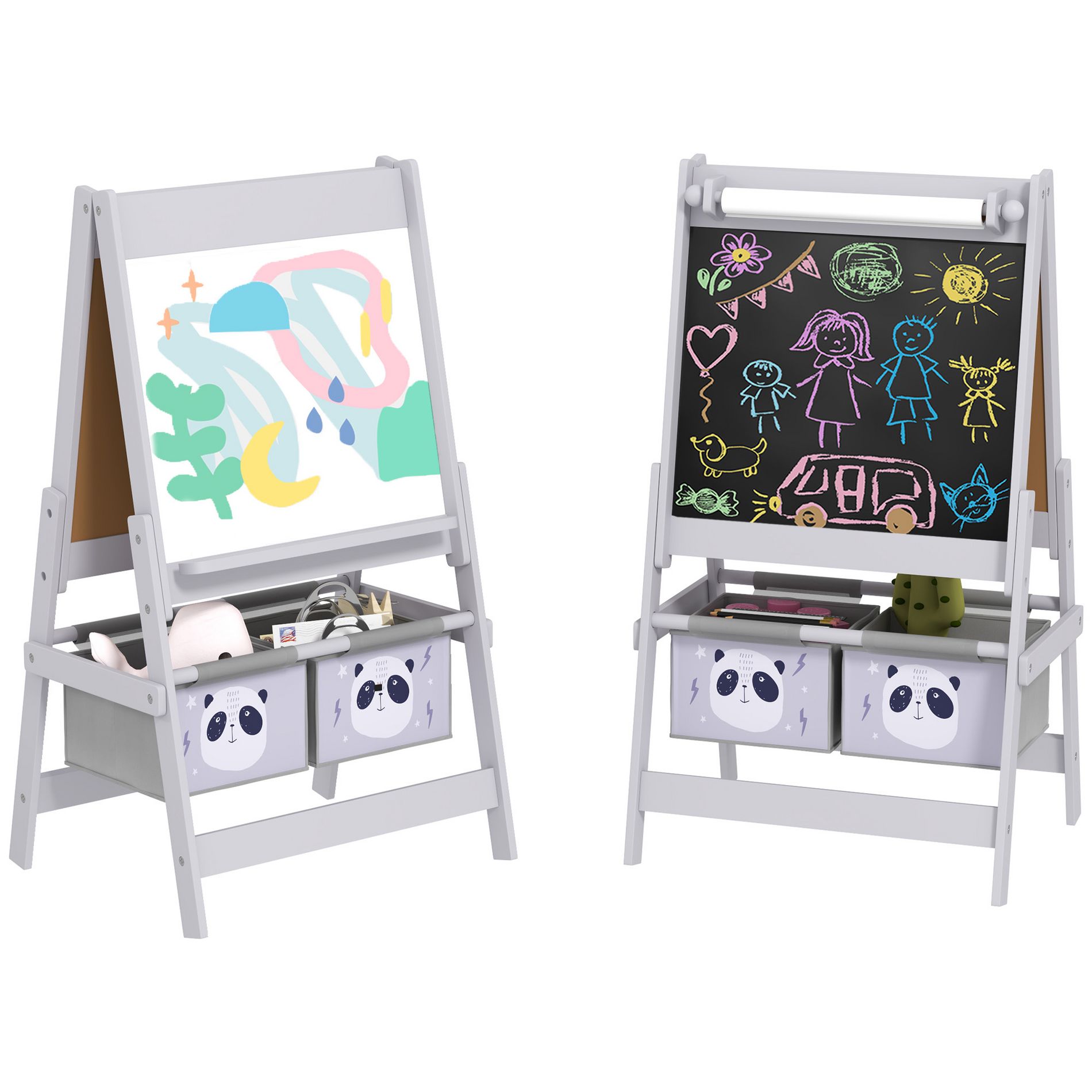 Qaba Kids Easel, 3-in-1 Double-Sided Art Easel with Paper Roll, Whiteboard & Chalkboard, Storage Baskets for Toddlers Ages 3-8