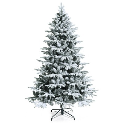 Tangkula Snow Flocked Christmas Tree, Pre-lit Artificial Xmas Tree w/ LED Lights & PE & PVC Branch Tips