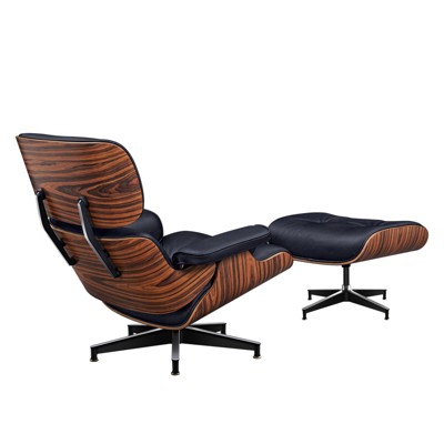 HomeRoots 28" Black and Rosewood Tufted Genuine Leather Lounge Chair With Ottoman