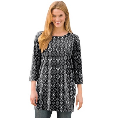 Woman Within Plus Size Perfect Printed Three-Quarter-Sleeve Scoopneck Tunic