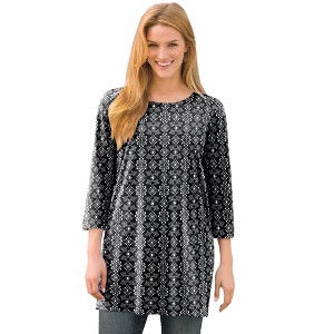 Woman Within Plus Size Perfect Printed Three-Quarter-Sleeve Scoopneck Tunic - 1 of 4