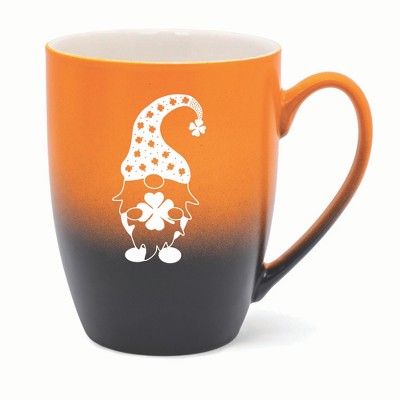 Elanze Designs Gnome With Clover Pattern On Hat Two Toned Ombre Matte 10 ounce New Bone China Coffee Tea Cup Mug, Orange and Black