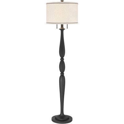 Franklin Iron Works Diego Traditional 65" Tall Standing Floor Lamp Turned Column Pull Chain Black Metal Living Room Bedroom Reading Drum Beige Shade