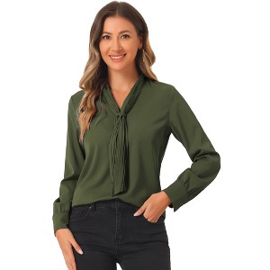 INSPIRE CHIC Women's Long Sleeve Pleated Tie Neck Office Blouses - 1 of 4