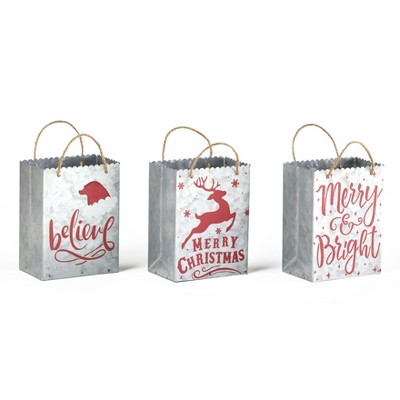 Lakeside Decorative Metal Christmas Gift Bags with Holiday Sentiments - Set of 3