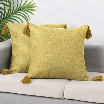 Yellow Linen Fringe Pillow Covers with Tassel Design, 18" x 18", Set of 2