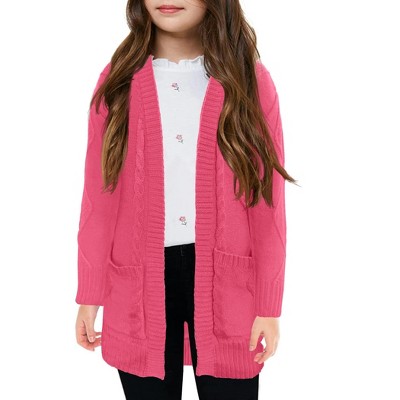 Girl Cable Knit Cardigan with Pockets Open Front Sweater Outwear Long Sleeve Sweater Cardigan Kids Winter Outfits