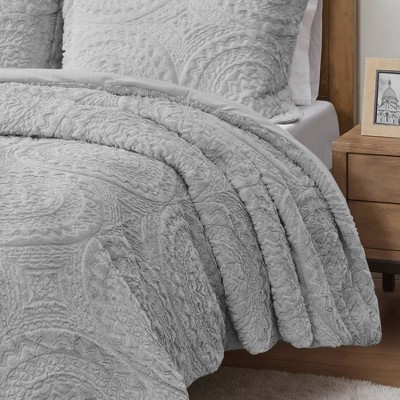 Gray Full Faux Fur Reversible Bedspread Set