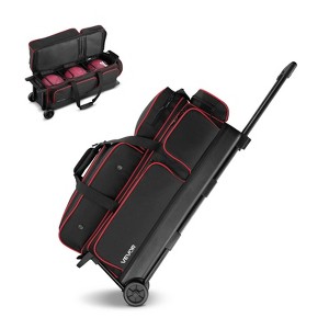 VEVOR Bowling Ball Bag, 3 Ball Double Roller with Wheels, Shoe Compartment (Up To US Size 16), Oversized Pocket, Retractable Handle 41.34 in, Black - 1 of 4