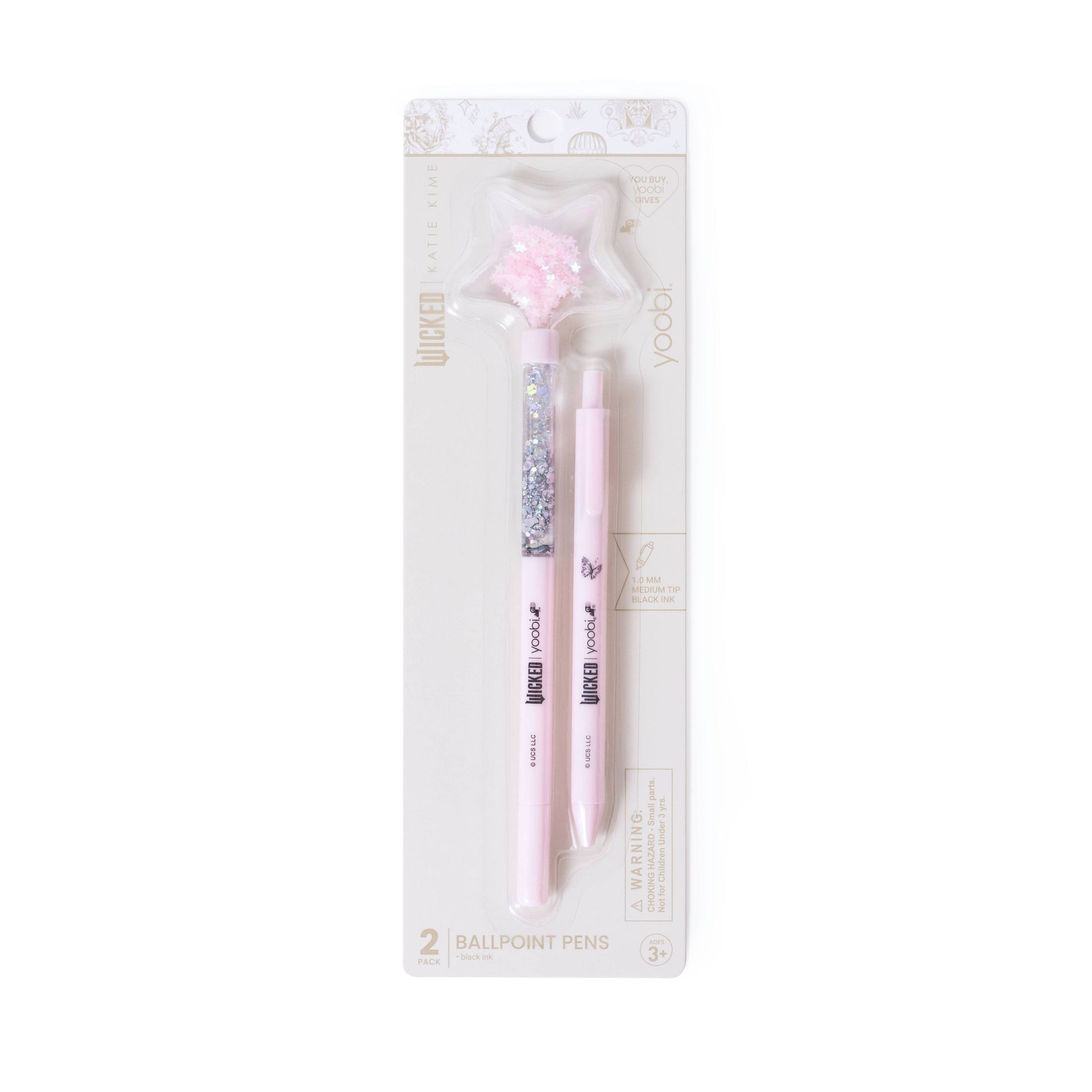 Wicked x Yoobi 2pk Novelty Ballpoint Pens Glinda Wand Star Glitter Wand Pen and Retractable Pen Black Ink