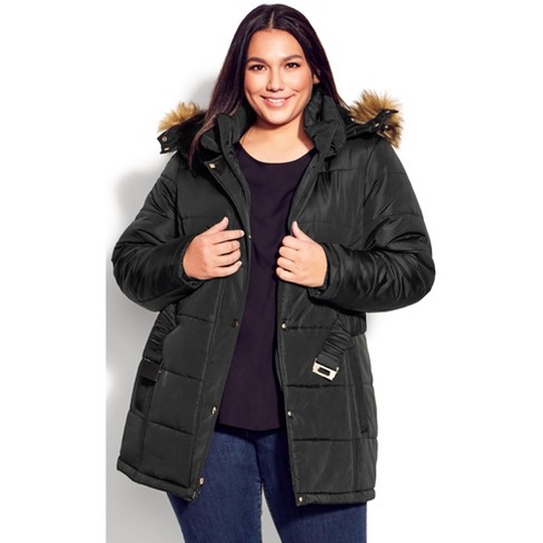 AVENUE | Women's Plus Size Puffer Belted Hood Coat - black - 14W/16W