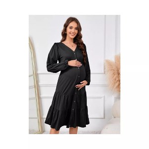 BLUEMING Womens Maternity Shirt Dress V-Neck Button-Down Tiered Maxi Dress with Pockets - 1 of 4