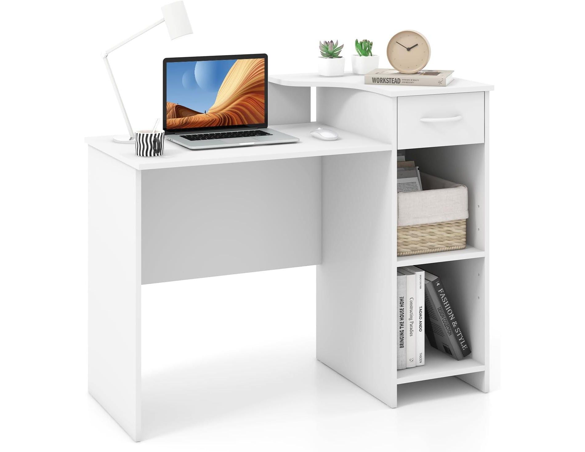 Tangkula Computer Desk with Printer Shelf Modern PC Workstation with Storage Drawer and CPU Stand 40.5” Writing Desk with Cable Hole White