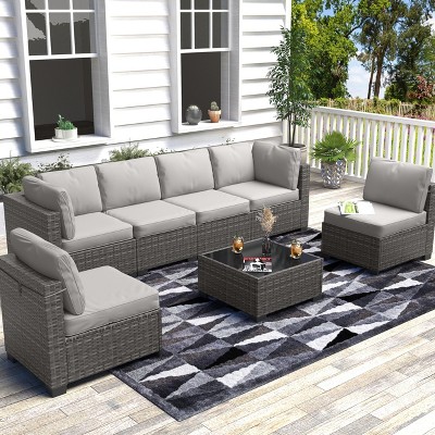 homfan 7 Piece Outdoor Patio Furniture Set, PE Rattan Conversation Sofa Set, Wicker Patio Set w/Thick Cushions & Glass Top Coffee Table