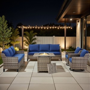 Outdoor Patio Furniture Set with Fire Pit Table and Swivel Rocking Chairs,5 Pieces Wicker Conversation Sets 3-Seater Sofa Couch Outside Furniture - 1 of 4