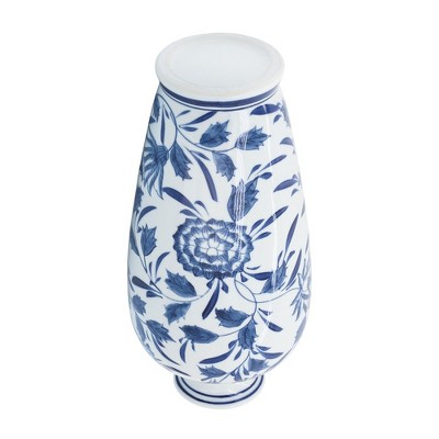 Blue and White Chinoiserie Ceramic Table Vase, 13"