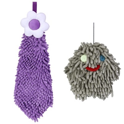 REGALWOVEN 2 Packs Soft Absorbent Flower Pattern Chenille Hand Towel with Loop 6" x 15"/7" x 7"