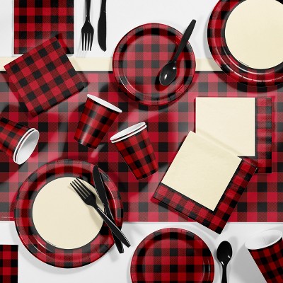 81pk Buffalo Plaid Party Supplies Disposable Dinnerware Set Red