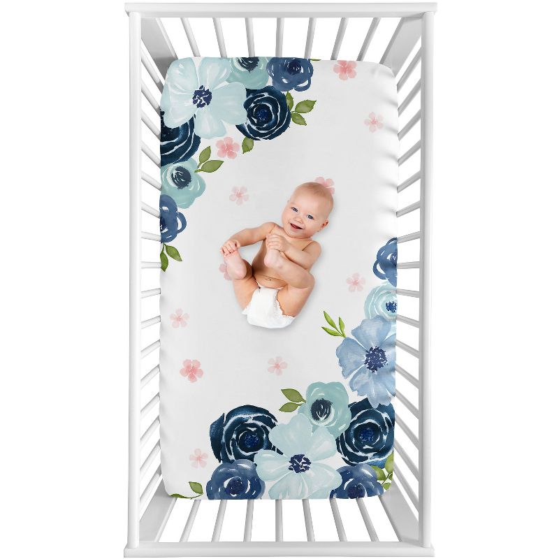 Sweet Jojo Designs Girl Photo Op Fitted Crib Sheet Watercolor Floral Navy Blue Pink and White, 1 of 6