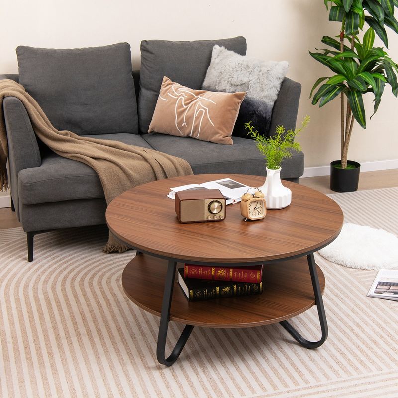 Costway 2-Tier Round Coffee Table with Wood Grain Finish & Heavy-duty Metal Frame, 2 of 11