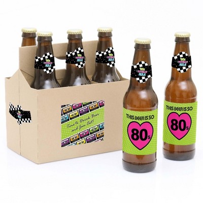 Big Dot of Happiness 80's Retro - Totally 1980s Party Decorations for Women and Men - 6 Beer Bottle Label Stickers and 1 Carrier