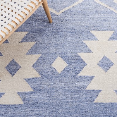 Handmade Blue and Ivory Geometric Flat Woven Area Rug, 5' x 8'