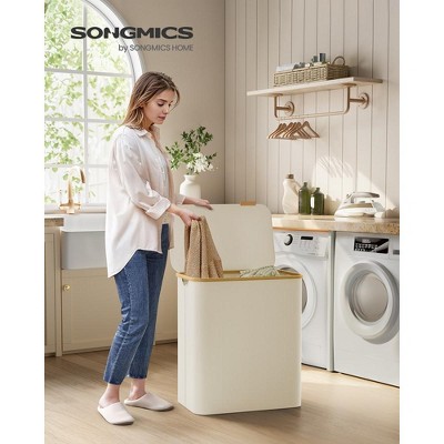 Cream White Collapsible 3-Section Laundry Hamper with Bamboo Lid