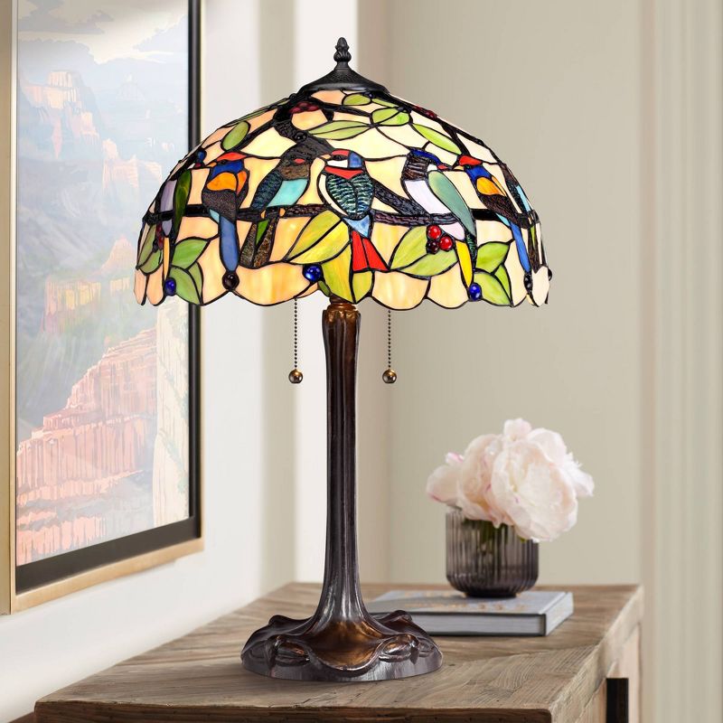 Robert Louis Tiffany Traditional Table Lamp 24.75" High Bronze Tropical Birds Stained Glass Shade for Living Room Family Bedroom Nightstand, 2 of 6
