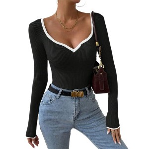 Women's Fashion V-Neck Knitted Top, Slim Fit Solid Color Versatile Long Sleeve Blouse for Layering & Casual Wear - 1 of 3
