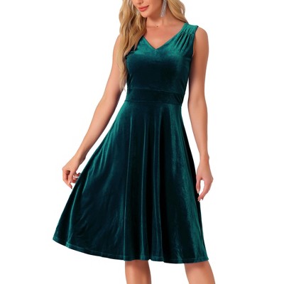 Allegra K Women's Sleeveless Velvet Elegant V Neck A Line Flowy Cocktail Party Midi Dress