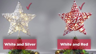 Red and White Rattan Star Tree Topper with LED Lights