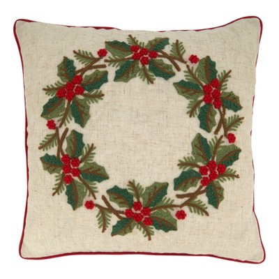 Saro Lifestyle Holly Wreath Pillow - Down Filled, 18