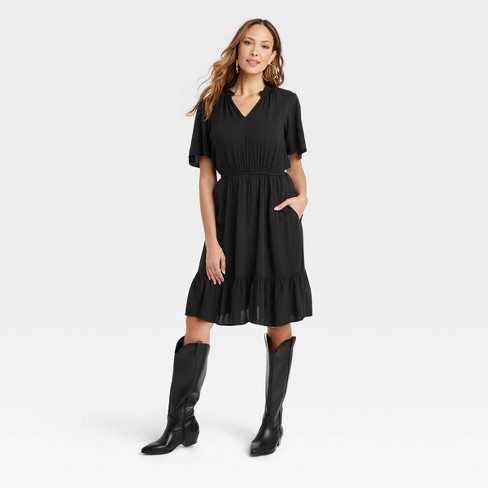 Women s Flutter Short Sleeve Tiered Dress Knox Rose Black M