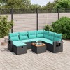 vidaXL 8 Piece Patio Sofa Set with Cushions Black Poly Rattan - Black and Blue 3x Middle + 3x Corner + Footrest + Table - 2 of 4