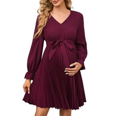 Womens Maternity Long Puff Sleeve Pleated Dress V Neck Ruffle Casual Flowy Belted Midi Dress Baby Shower Photoshoot