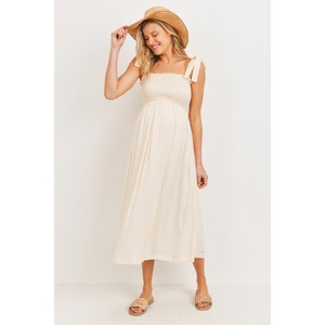 Hello Miz Women's Sleeveless Smocked Tie Shoulder Maternity Midi Dress - 1 of 4