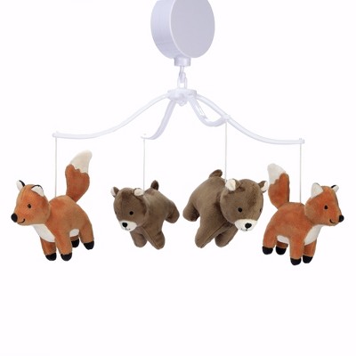 Rust and Brown Velour Fox and Bear Musical Crib Mobile