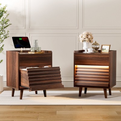 WOWLIVE Wooden Nightstand with 2 Drawers, Modern Bedside Table with Outlets & LED Lights, File Cabinet