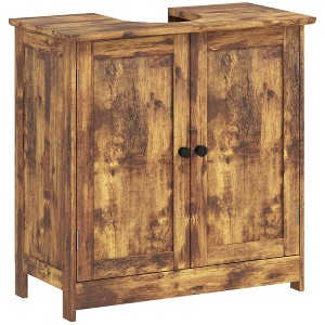 HOMCOM Under Sink Bathroom Cabinet with 2 Doors and Shelf, Pedestal Sink Bathroom Vanity Furniture, Rustic Brown - 1 of 4