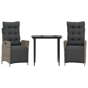 vidaXL 3 Piece Patio Dining Set with Cushions Gray Poly Rattan - 31.5" Table Length Sharp Leg 2 Items - 1 of 4