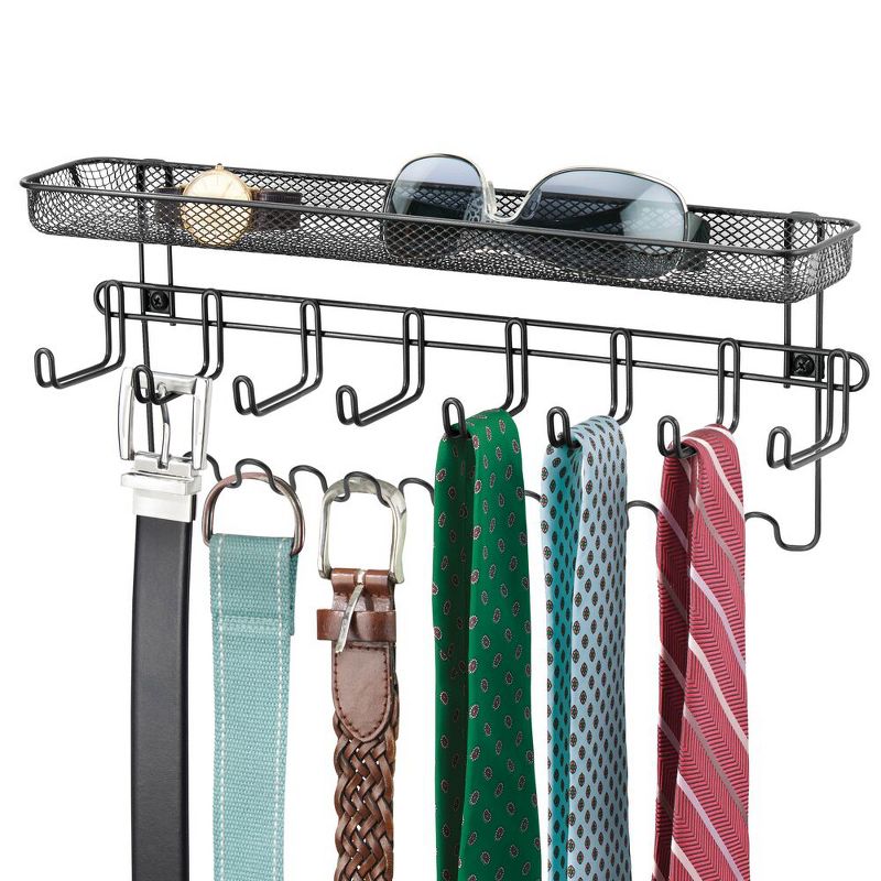 mDesign Steel Wall Mount Tie/Belt Organizer Rack with 8 Hooks/Basket, 1 of 6