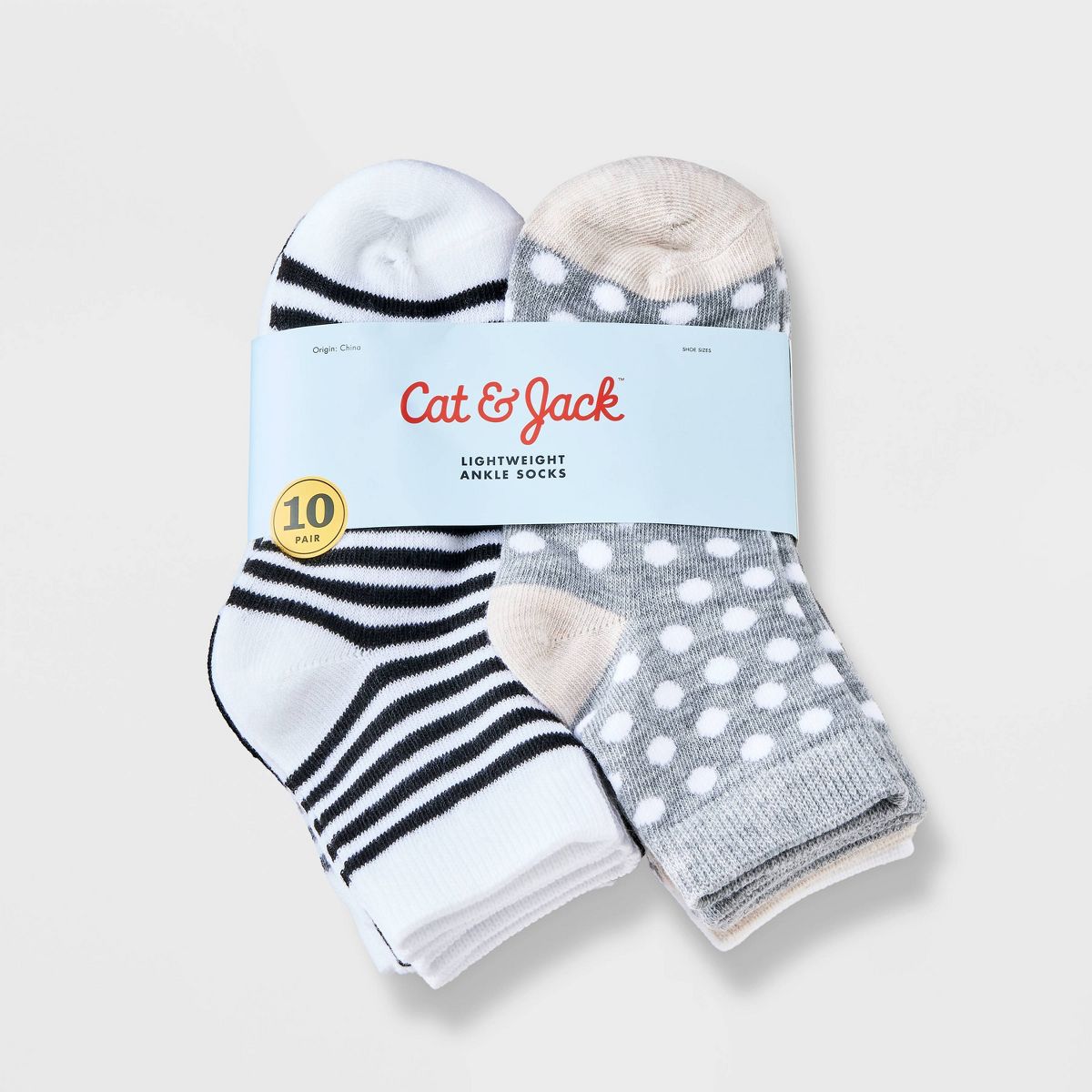 Girls' 10pk Lightweight Ankle Striped & Dotted Socks - Cat & Jack™ Gray - thumbnail 2