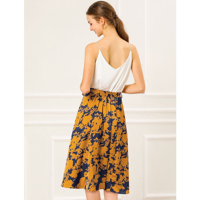 Allegra K Women's High Elastic Waist Belted Slit A-Line Midi Floral Print Skirt, 6 of 8