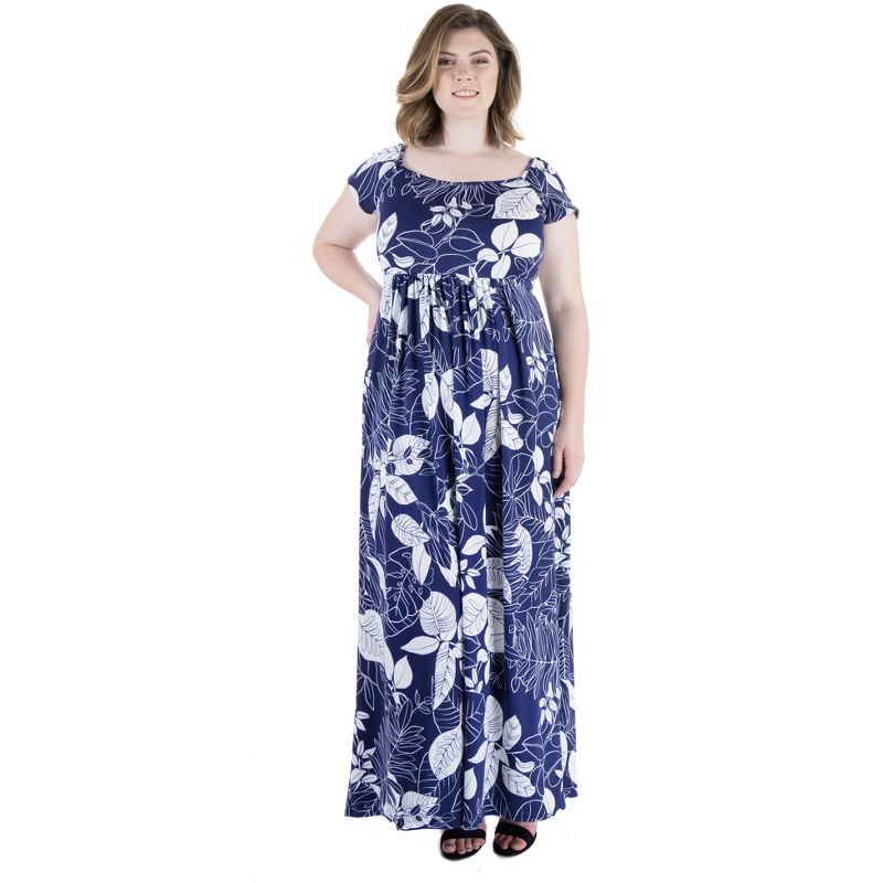 24seven Comfort Apparel Navy Print Pleated Empire Waist Plus Size Maxi Dress, 1 of 5