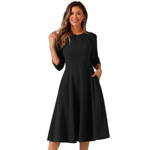 INSPIRE CHIC Women's 3/4 Sleeve Pleated Round Neck Pockets A-Line Swing Work Midi Dress - 1 of 4