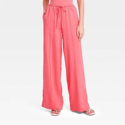 Women's High-Rise Wide Leg Linen Pull-On Pants - A New Day™ Pink M